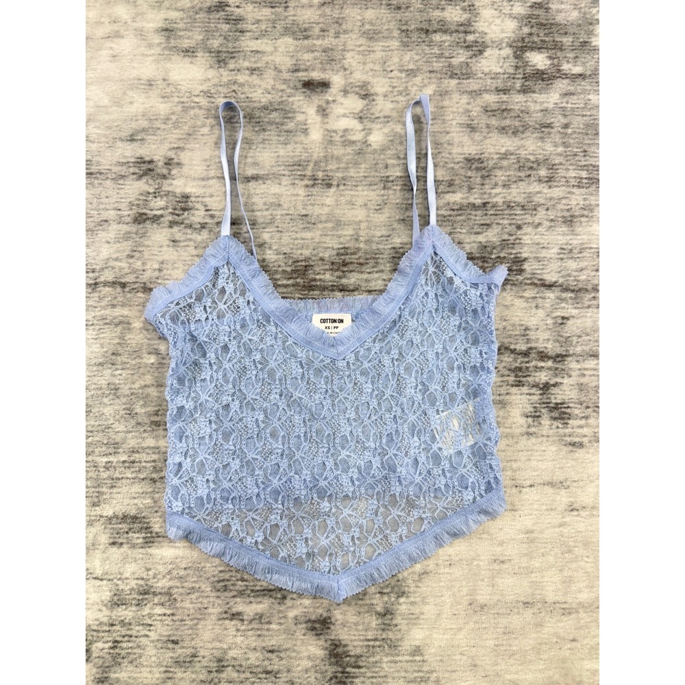 Cotton On Womens Blue Sheer Floral Lace Cami Top V-Neck Ruffle Trim Size XS